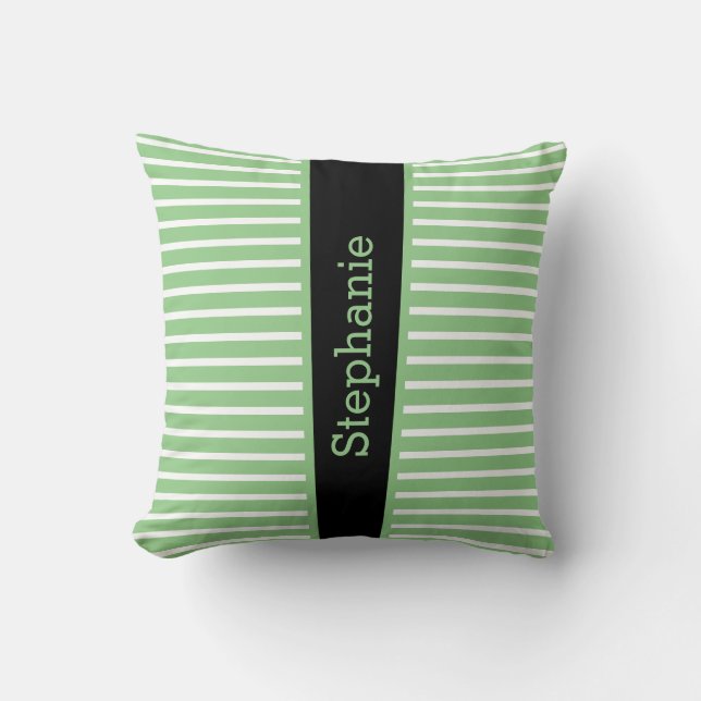 Stripes Sage Green Black White Custom Name Cute Cushion (Front)