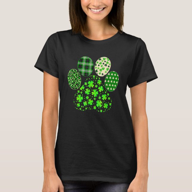 Stripes Shamrock Leopard Plaid Paw St Patricks Day T-Shirt (Front)
