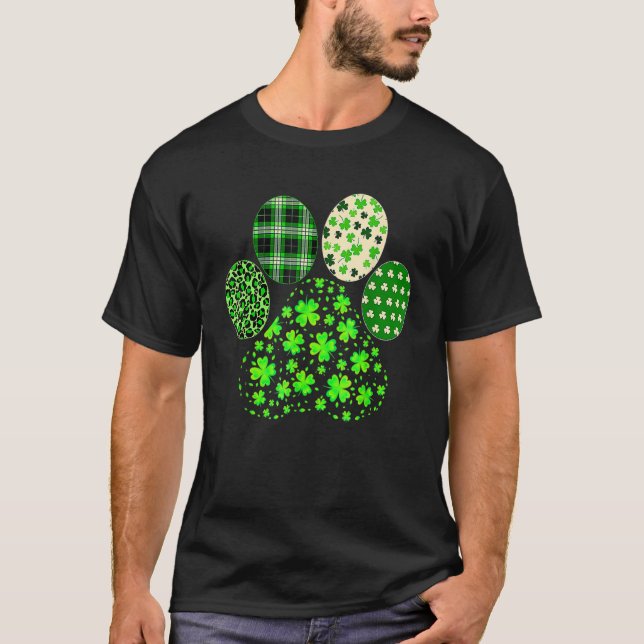 Stripes Shamrock Leopard Plaid Paw St Patricks Day T-Shirt (Front)