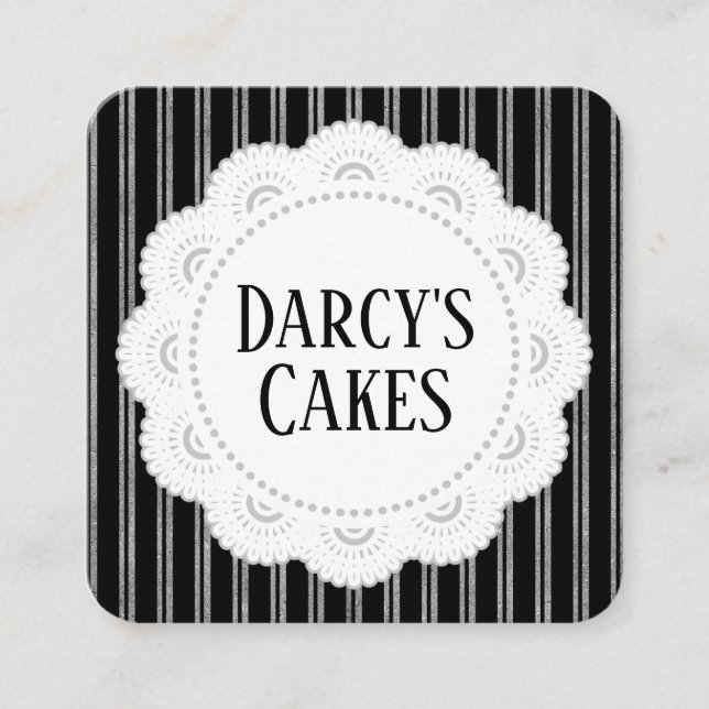 Stripes Silver Black Lace And Cakes Square Business Card (Front)