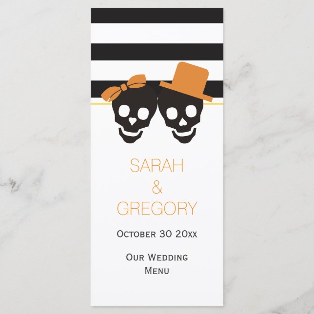 Stripes, skull couple Halloween wedding menu card (Front)