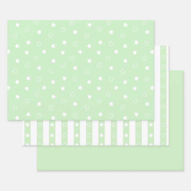 Stripes & Stars Pattern Green Wrapping Paper Set (Set)