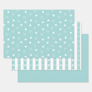 Stripes & Stars Pattern Teal Wrapping Paper Set