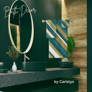 Stripes Teal Gold Cream on Dark Teal Bath Towel Set