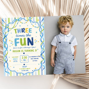 Stripes Three Times The Fun Colourful Birthday Invitation