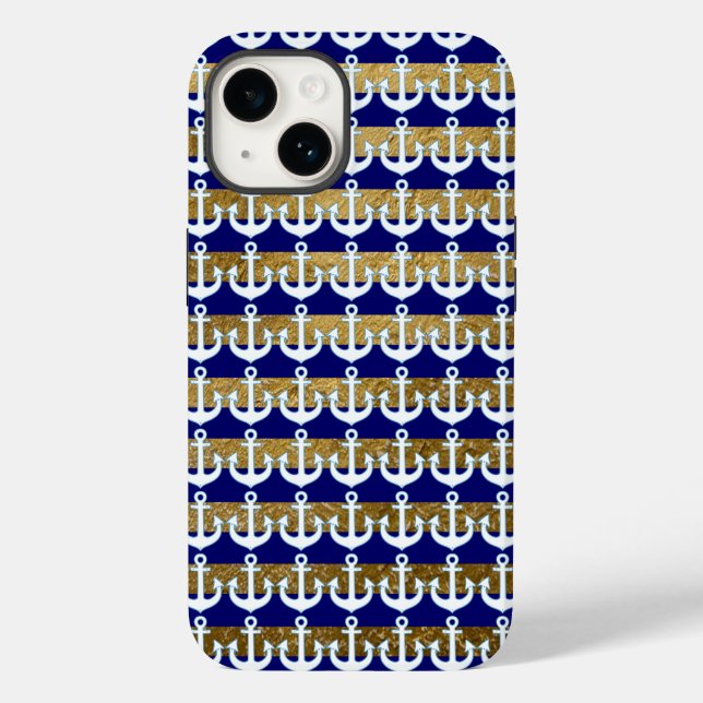 Stripes & white Anchors pattern navy Case-Mate iPhone Case (Back)