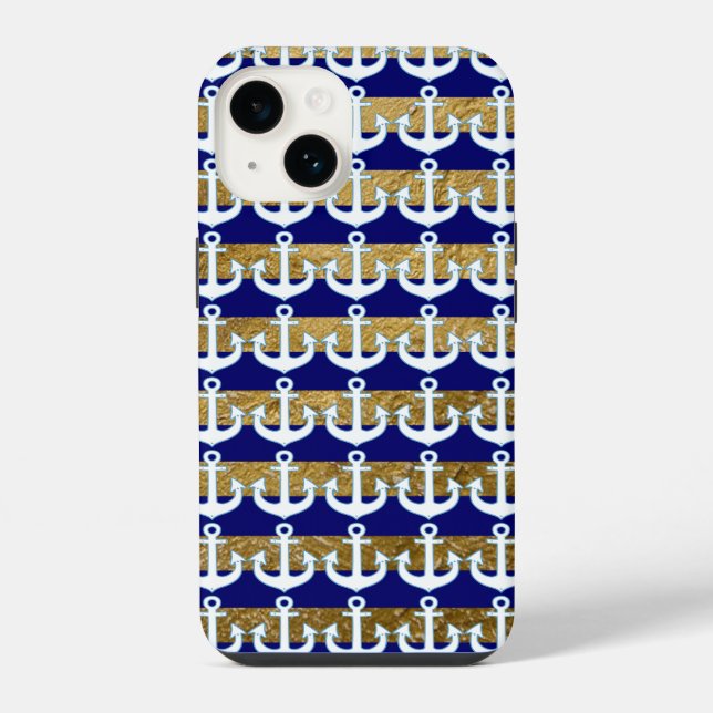 Stripes & white Anchors pattern navy iPhone Case (Back)