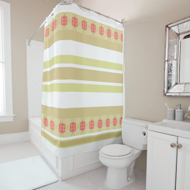 Stripes With Floral Accent in Dusty Rose Shower Curtain (In Situ)