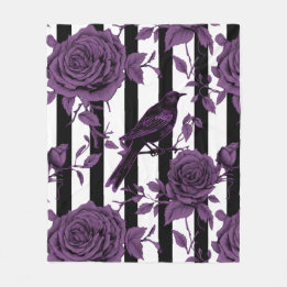 Stripes With Purple Roses and Crows Fleece Blanket
