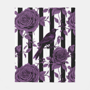 Stripes With Purple Roses and Crows Fleece Blanket