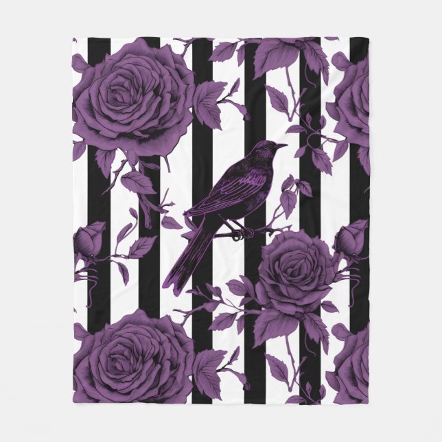 Stripes With Purple Roses and Crows Fleece Blanket (Front)