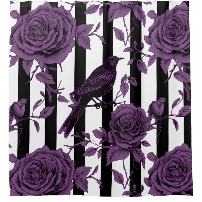 Stripes With Purple Roses and Crows Shower Curtain (Front)