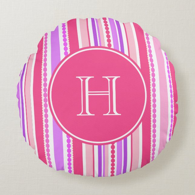Stripey beads pink purple monogram throw pillow (Front)