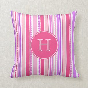 Stripey beads pink purple monogram throw pillow