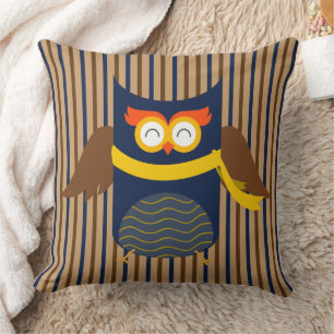 Stripey Owl Cotton Throw Pillow, 20" x 20" Cushion