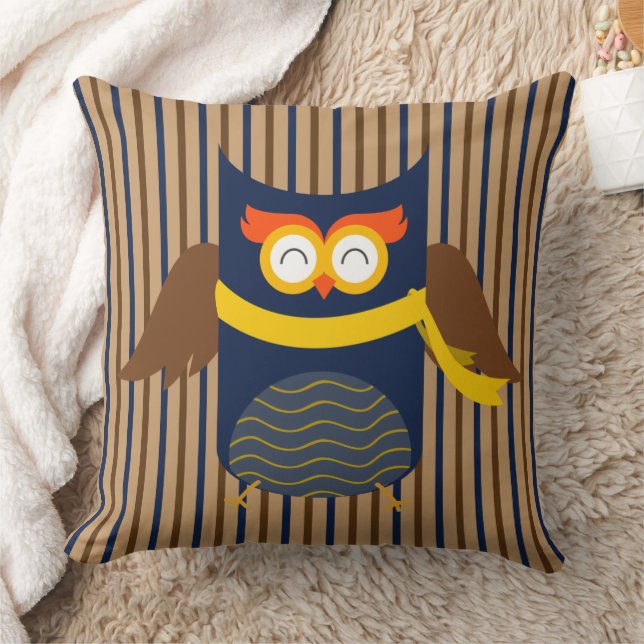Stripey Owl Cotton Throw Pillow, 20" x 20" Cushion (Blanket)