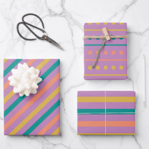 Stripped Dots Rosy Purple Green and Mustard  Wrapping Paper Sheet