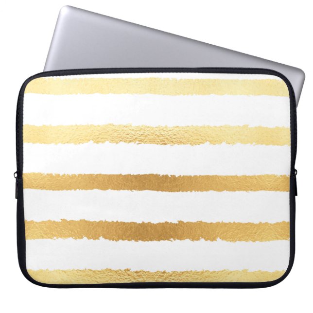 Stripped shiny golden metallic pattern laptop sleeve (Front)
