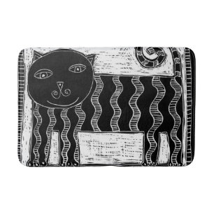 Stripy Black and White Cat Illustration Bath Mat