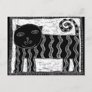 Stripy Black and White Cat Illustration Postcard