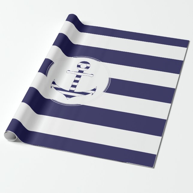 Stripy nautical anchor wrapping paper (Unrolled)