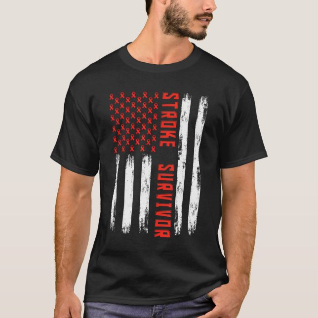 Stroke Survivor American Flag Red Ribbon Stroke Aw T-Shirt (Front)