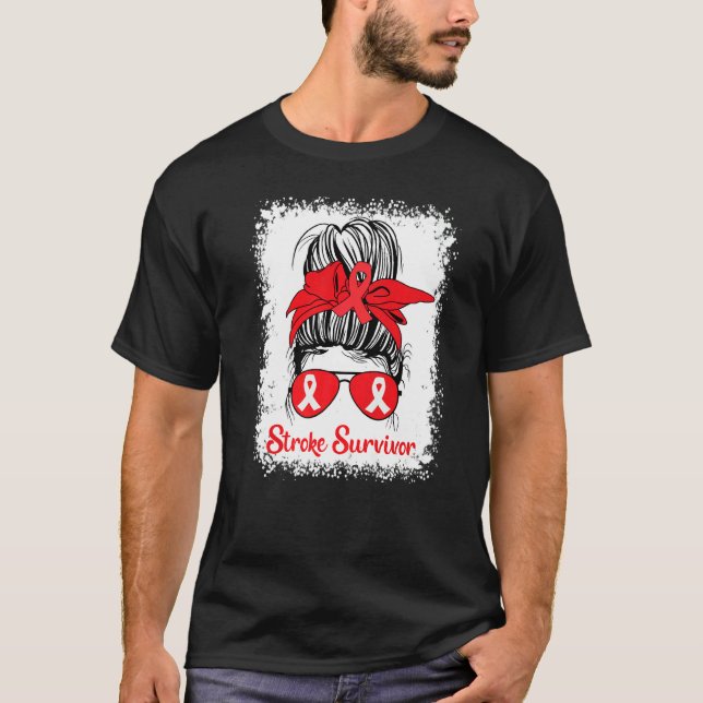 Stroke Survivor Awareness Red Ribbon Messy Bun Bra T-Shirt (Front)