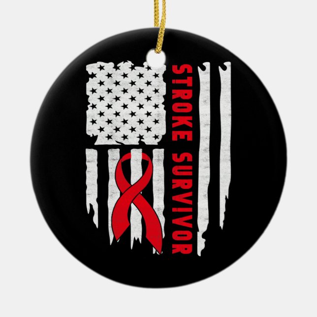 Stroke Survivor Awareness USA Flag Red Ribbon Ceramic Ornament (Front)