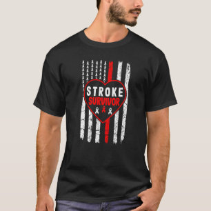 Stroke Survivor Red Ribbon Usa Flag Dad Mum Stroke T-Shirt