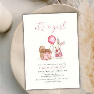 Stroller Bunny Balloon Girl Baby Shower Invitation