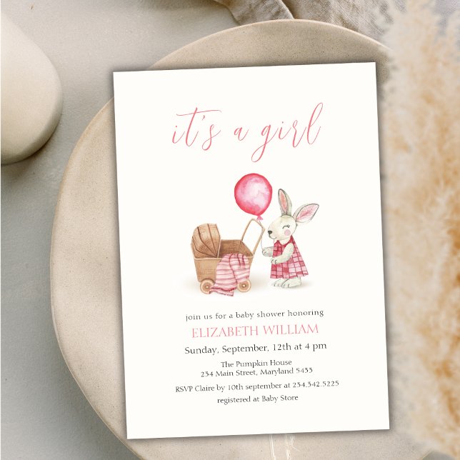 Stroller Bunny Balloon Girl Baby Shower Invitation (Stroller Bunny Balloon Girl Baby Shower Invitation)