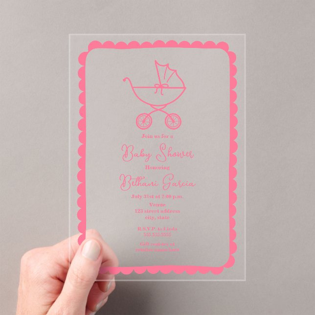 Stroller Hand Drawn Border Pink Girl Baby Shower Acrylic Invitations (Insitu (Handheld))