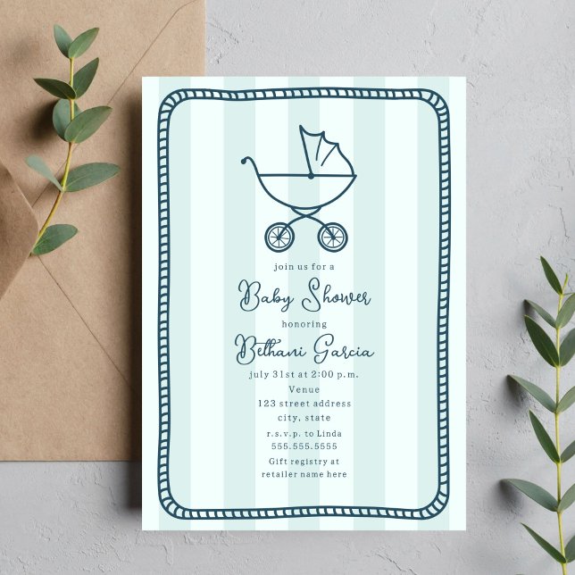 Stroller Sketch Blue Boy Baby Shower Invitation (Creator Uploaded)