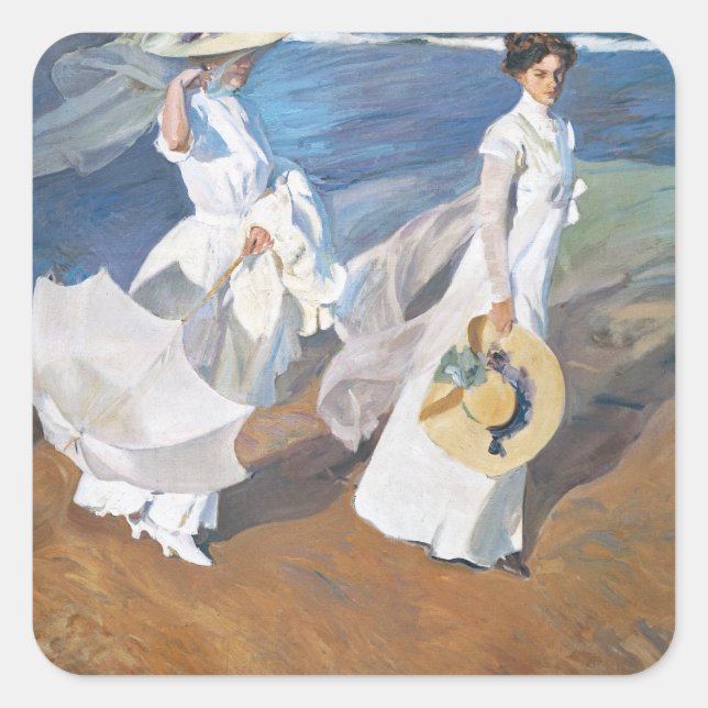 Strolling along the Seashore, Joaquín Sorolla  Square Sticker (Front)
