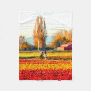 Strolling Through Gold and Red Tulip Fields Fleece Blanket