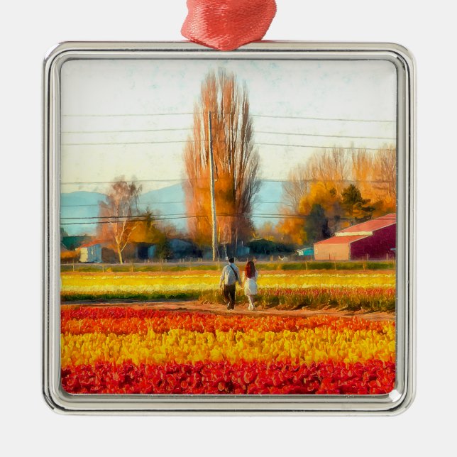 Strolling Through Gold and Red Tulip Fields Metal Ornament (Front)