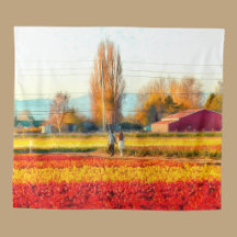 Strolling Through Gold and Red Tulip Fields