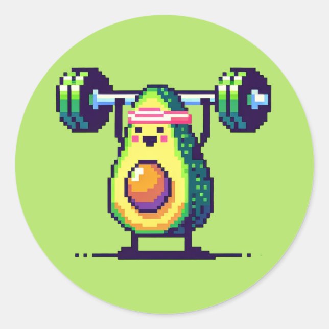 Strong Avocado - Funny Pixel Art Weightlifting Classic Round Sticker (Front)