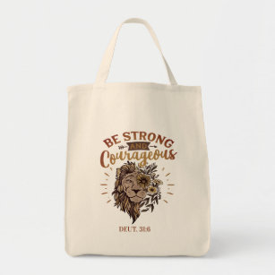 Strong Courageous Christian Bible Verse Lion Face Tote Bag