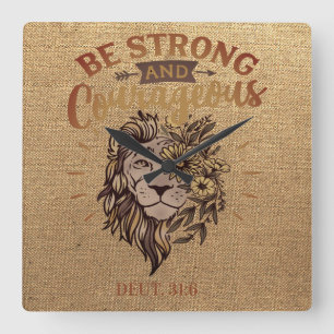 Strong Courageous Lion Face Christian Bible Verse Square Wall Clock