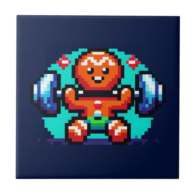 Strong Gingerbread Man - Funny Pixel Art Holiday Ceramic Tile (Front)