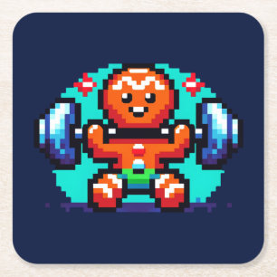 Strong Gingerbread Man - Funny Pixel Art Holiday Square Paper Coaster