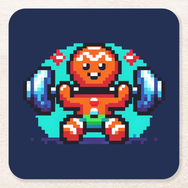 Strong Gingerbread Man - Funny Pixel Art Holiday Square Paper Coaster (Front)