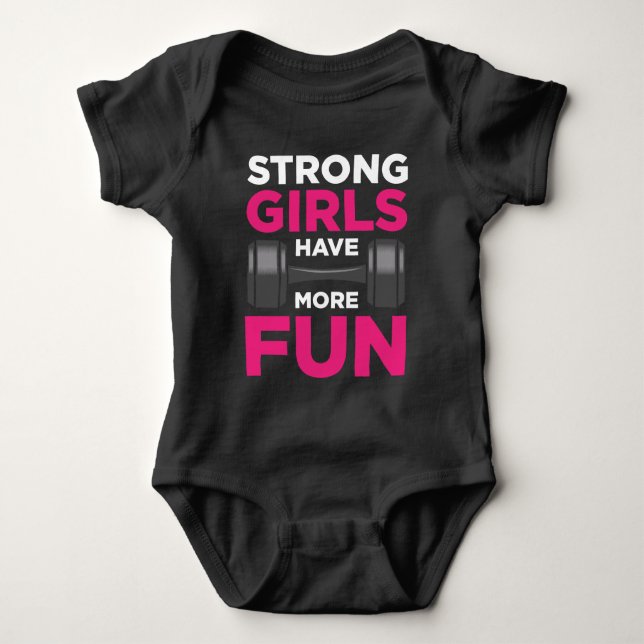 Strong Girls Have More Fun Fitness Girl Dumbbell Baby Bodysuit (Front)
