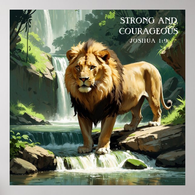 Strong Lion in Nature Waterfall Faith Painting Poster (Front)