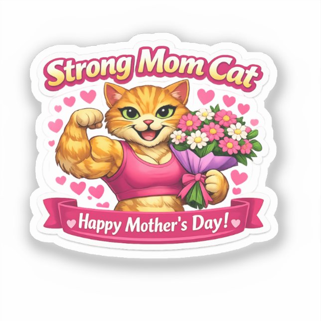 Strong Mum Cat Sticker – Funny Fitness Gift (Front)