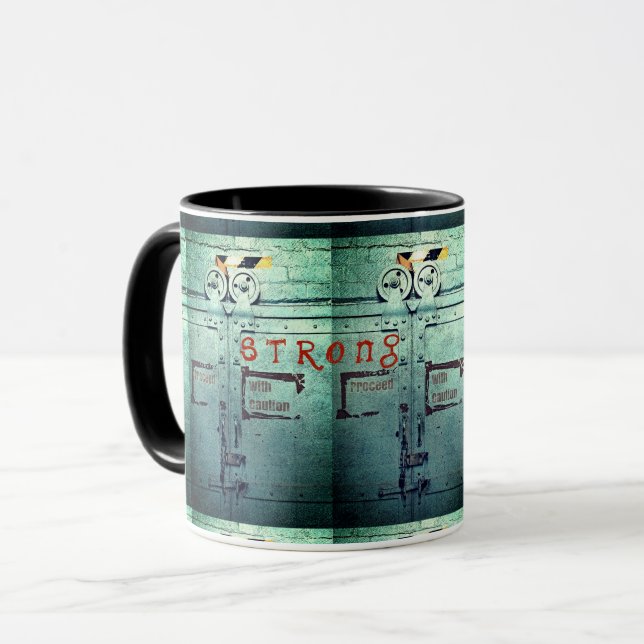 Strong, Proceed with caution blue grey industrial Mug (Front Left)