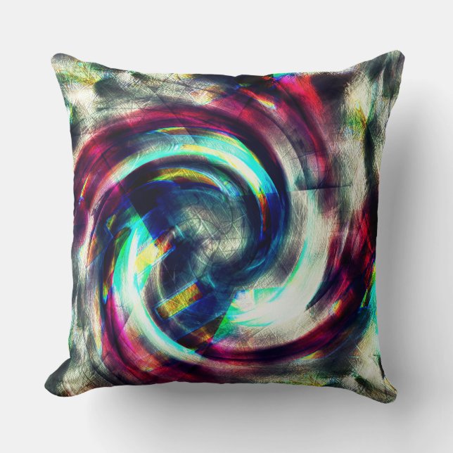 Strong red to blue spiral over grey rough shape cushion (Front)