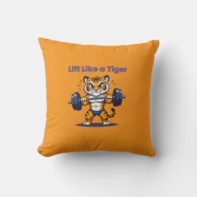 **Strong Tiger – Cute Tiger Lifting Weights Illust Cushion (Front)