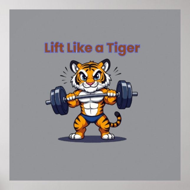 **Strong Tiger – Cute Tiger Lifting Weights Illust Poster (Front)